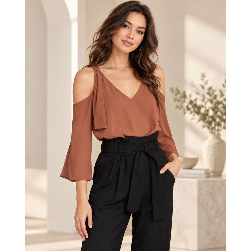 BCBGMAXAZRIA Caralyne Top Shoulder Tie V-Neck Cedarwood Size S